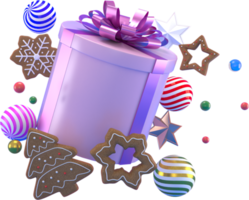 Representación 3d de fondo de elementos de navidad o año nuevo con bolas decorativas, estrella, nieve y caja gif. regalos coloridos para las vacaciones. diseño moderno. ilustración aislada. png