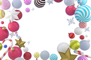 3d-rendering weihnachten oder neujahrselemente hintergrund mit dekorativen kugeln, stern, schnee und süßigkeiten. bunte geschenke für feiertage. modernes Design. isolierte Abbildung. png