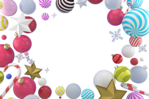 rendu 3d fond d'éléments de noël ou du nouvel an avec des boules décoratives, des étoiles, de la neige et des bonbons. cadeaux colorés pour les vacances. Design moderne. illustration isolée. png