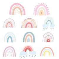 Set of hand drawn rainbows with hearts, clouds, raindrops. Vector illustration of colorful pastel rainbow childish scandinavian style for fabric print, apparel, children textile design, card