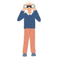 Man search vacancy with binoculars. Male character looking, finding new work opportunities, vacancies, employment, career. Concept of search for information, strategy, frequently asked questions vector