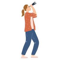 Woman search vacancy with binoculars. Female character looking, finding new work opportunities, vacancies, employment, career. Concept of search for information, strategy, frequently asked questions vector