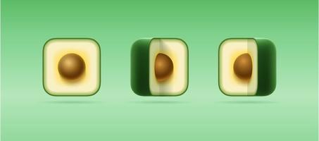 Set of 3D cartoon vector icons of square cut avocado. Isolated vector template of ripe tropical fruit for vegetable, vegetarian shop, logo, mobile app. Organic natural healthy eco food concept