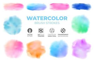 Set of colorful realistic watercolor brush strokes on an isolated transparent background. Vector illustration created by Mesh tool for wallpaper, print design, background. EPS10