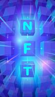 Vector banner with NTF typography on blue cubes background. Vertical template for social media, stories, infographics. Concept of non-fungible tokens, unique digital crypto art, blockchain technology