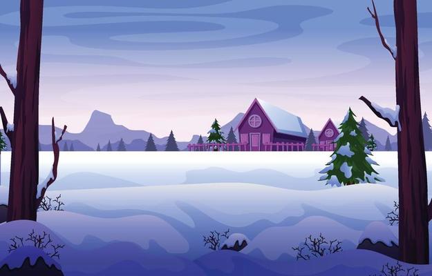 Winter Landscape with Cottage and Trees Background