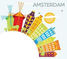 Amsterdam Skyline with Color Buildings, Blue Sky and Copy Space. vector