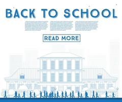 Outline Back to School. Banner with School Bus, Building and Students. vector