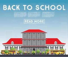 Back to School. Banner with School Bus, Building and Students. vector