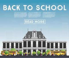 Back to School. Banner with School Bus, Building and Students. vector