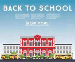 Back to School. Banner with School Bus, Building and Students. vector