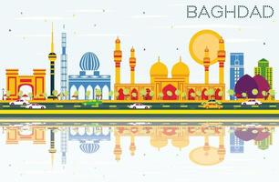 Baghdad Skyline with Color Buildings, Blue Sky and Reflections. vector