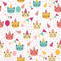 seamless pattern of birthday celebration elements - balloons, gifts, flag, cake, cute cat in hat vector