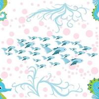 Seamless pattern with detailed transparent jellyfish. Childish seamless pattern with cute hand drawn fishes and jellyfishes in doodle style. Trendy nursery background vector