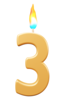 födelsedag ljus siffra 3 med brinnande lågor. 3d tolkning firande symbol png