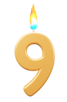 Birthday candles number 9 with burning flames. 3d rendering celebration symbol png