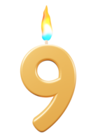 compleanno candele numero 9 con ardente fiamme. 3d interpretazione celebrazione simbolo png