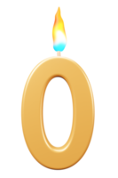 velas de cumpleaños número 0 con llamas ardientes. Representación 3d símbolo de celebración png