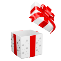 White open gift box red ribbon with star pattern christmas party png. 3d rendering celebrate surprise box realistic icon png