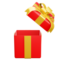 Red open gift box with gold ribbon christmas party png. 3d rendering celebrate surprise box realistic icon png