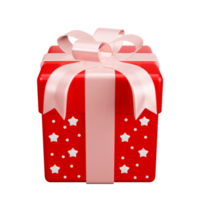 Red gift box pink ribbon with white star pattern christmas party png. 3d rendering celebrate surprise box realistic icon png