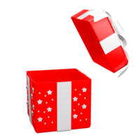 Red open gift box  star pattern with white ribbon christmas party png. 3d rendering celebrate surprise box realistic icon png