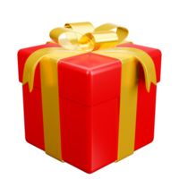 Red gift box with gold ribbon christmas party png. 3d rendering celebrate surprise box realistic icon png