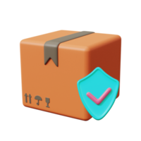 Safe delivery icon. Packing box with shield symbol. Goods delivery guarantee. 3d render png