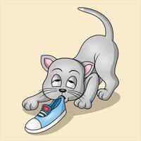 a cute cat is biting a shoe vector