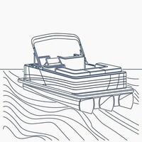 Editable Empty  Semi Top Three-Quarter Oblique Front View American Pontoon Boat on a Wavy Lake Vector Illustration in Outline Style for Transportation or Recreation Related Design