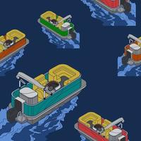 Editable Three-Quarter Top Oblique View Isometric-like American Pontoon Boat on Wavy Lake Vector Illustration Seamless Pattern for Creating Background of Transportation or Recreation Related Design