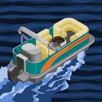 vista oblicua superior de tres cuartos editable bote de pontón americano de tipo isométrico vacío detallado en una ilustración de vector de lago ondulado para el diseño relacionado con el transporte o la recreación