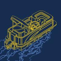 Editable Three-Quarter Top Oblique View Empty Isometric-like American Pontoon Boat on a Wavy Lake Vector Illustration in Outline Style for Transportation or Recreation Related Design