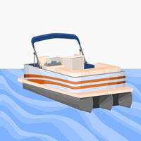 Editable Empty Semi Top Three-Quarter Oblique Front View Detailed American Pontoon Boat on a Wavy Lake Vector Illustration for Transportation or Recreation Related Design