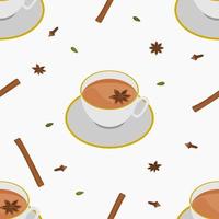 vista superior de tres cuartos editable taza blanca de masala chai con cobertura de anís estrellado y especias de hierbas ilustración vectorial patrón sin costuras para el fondo de bebidas con cultura y tradición del sur de Asia vector