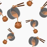 Editable Three-Quarter Top View of Pouring Masala Chai from Pan into Pottery Cup Vector Illustration Seamless Pattern for Creating Background of Beverages With South Asian Culture and Tradition