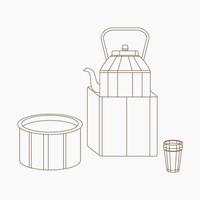 Editable Masala Chai Tea in A Glass Mug with Metal Kettle on Stove and Saucepan Vector Illustration in Outline Style for Artwork Element of Beverages With South Asian Culture and Tradition Design