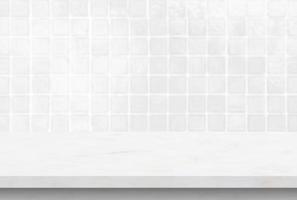 Empty white marble table top with blur tile wall bathroom background photo