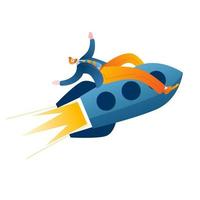 A businessman in a business suit flies on a rocket. vector