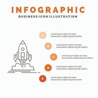 lanzar. misión. lanzadera. puesta en marcha. publicar plantilla de infografía para sitio web y presentación. icono de línea gris con ilustración de vector de estilo infográfico naranja