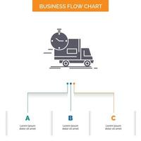 entrega. tiempo. Envío. transporte. diseño de diagrama de flujo de negocios de camiones con 3 pasos. icono de glifo para el lugar de plantilla de fondo de presentación para texto. vector