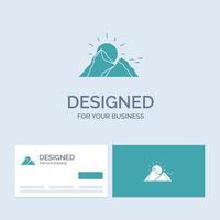 hill. landscape. nature. mountain. sun Business Logo Glyph Icon Symbol for your business. Turquoise Business Cards with Brand logo template. vector