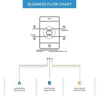 API. interfaz. móvil. teléfono. diseño de diagrama de flujo de negocios de teléfonos inteligentes con 3 pasos. icono de línea para el lugar de plantilla de fondo de presentación para texto vector