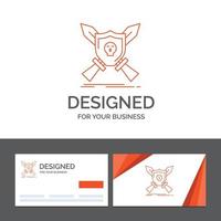 plantilla de logotipo de empresa para placa. emblema. juego. escudo. espadas tarjetas de visita naranjas con plantilla de logotipo de marca vector