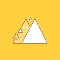 Mountains. Nature. Outdoor. Sun. Hiking Flat Line Filled Icon. Beautiful Logo button over yellow background for UI and UX. website or mobile application vector