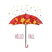 paraguas rojo con un patrón de hojas. saludo hola otoño. vector