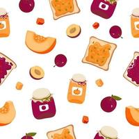 Seamless pattern Pumpkin jam, toast with jam, pumpkin slice, pumpkin candied fruit, plum jam, plum. vector