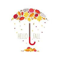 Autumn umbrella made of chestnut, hazel, maple, oak leaves. Hello fall greeting. vector