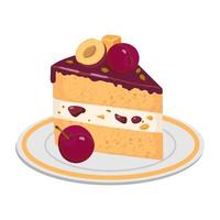 A piece of cake with prunes and a layer of souffle, decorated with plums and marmalade . vector