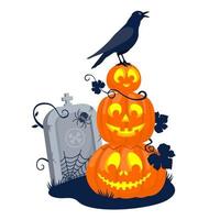 Halloween stack of laughing pumpkins with a raven near the grave. vector